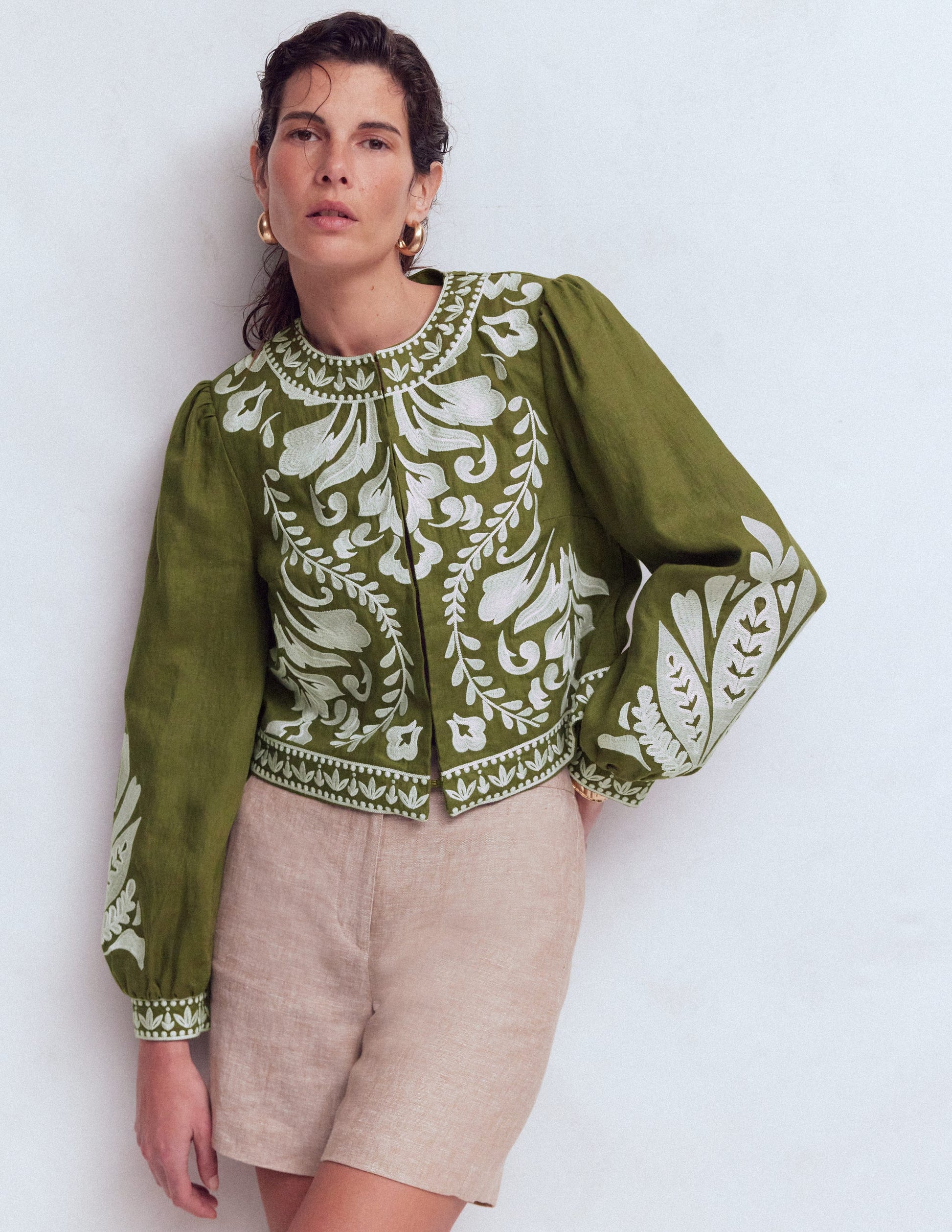 Embroidered Linen Jacket-Woodland Green-4