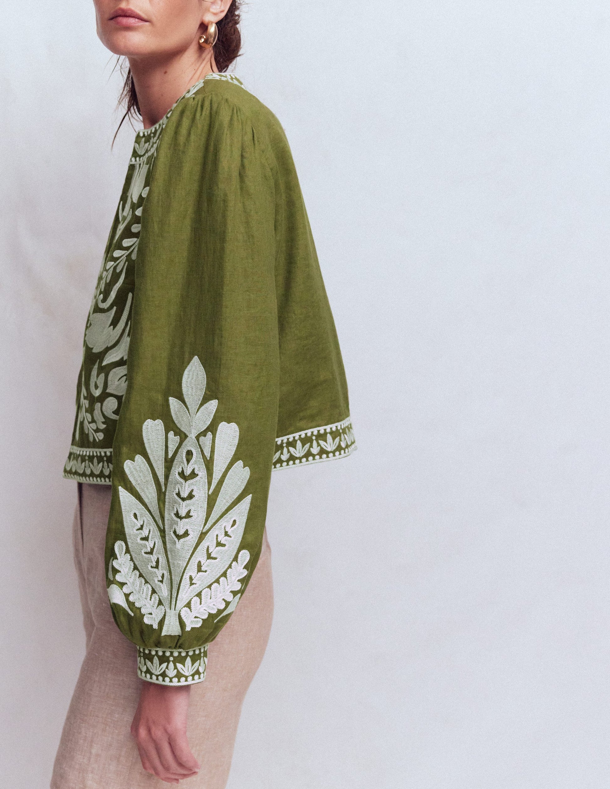 Embroidered Linen Jacket-Woodland Green-5