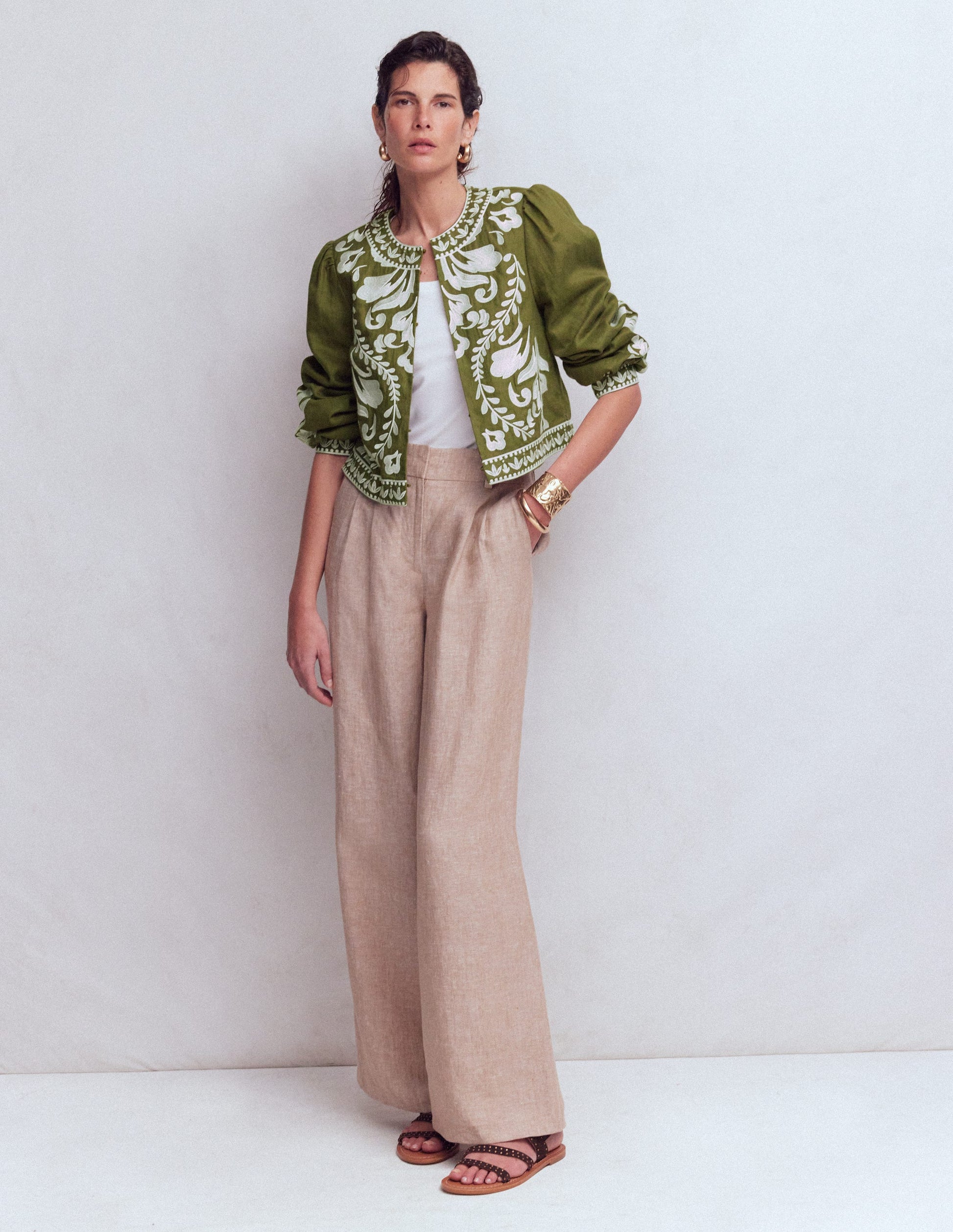 Embroidered Linen Jacket-Woodland Green-6