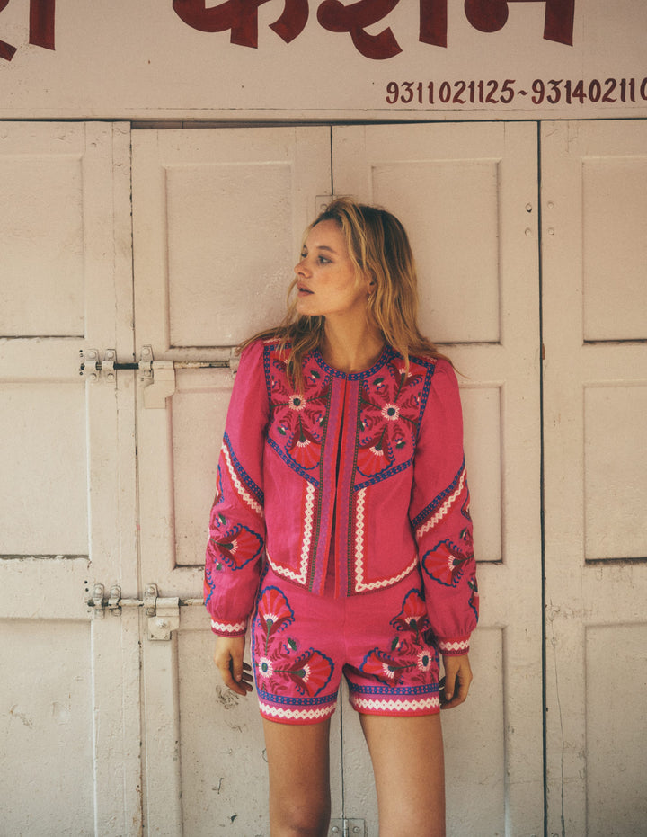 Embroidered Linen Jacket-Pink Peony, Embroidered