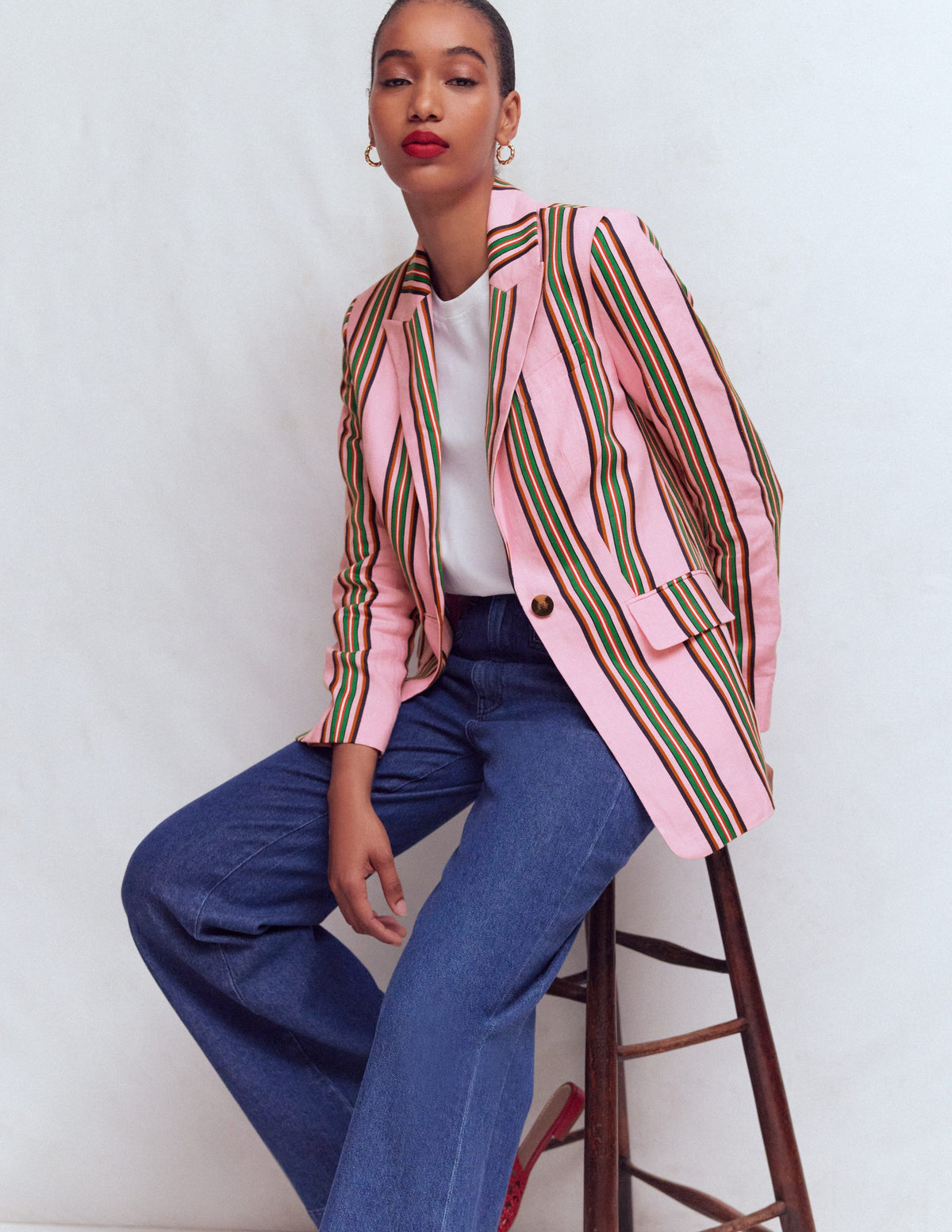 Woodbridge Linen Blazer-Pink, Rich Emerald Stripe - Image 1