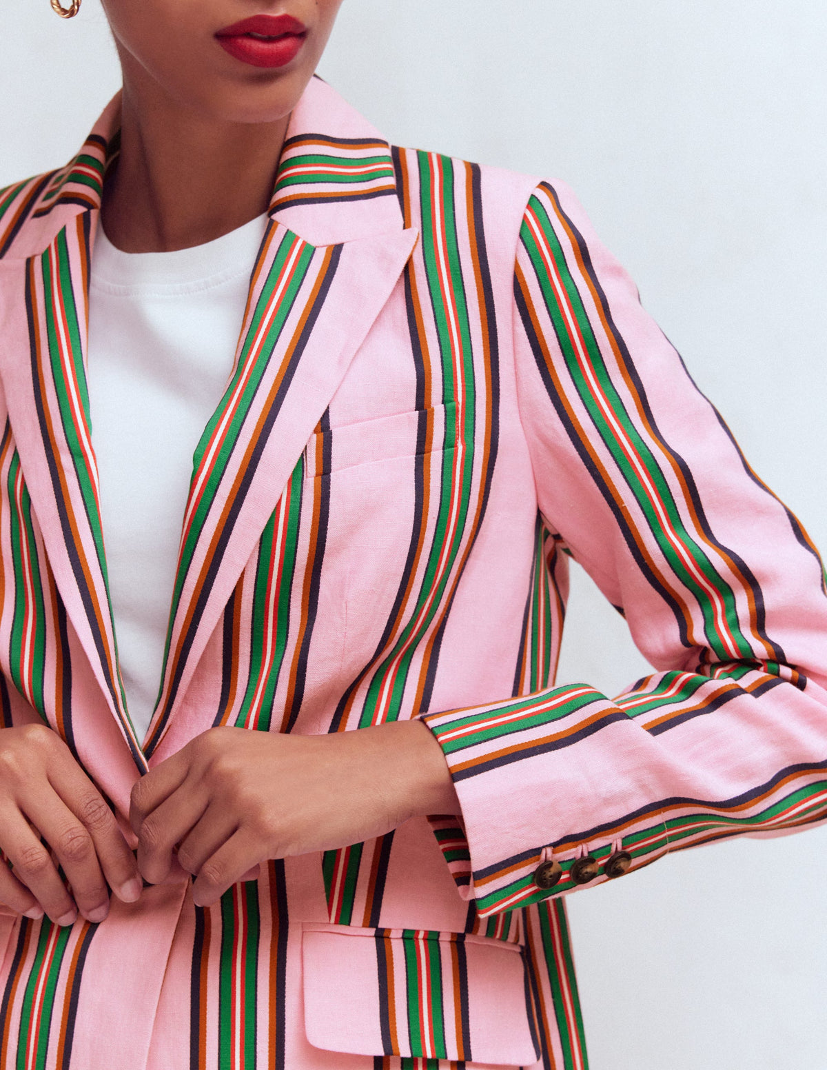 Woodbridge Linen Blazer-Pink, Rich Emerald Stripe - Image 2
