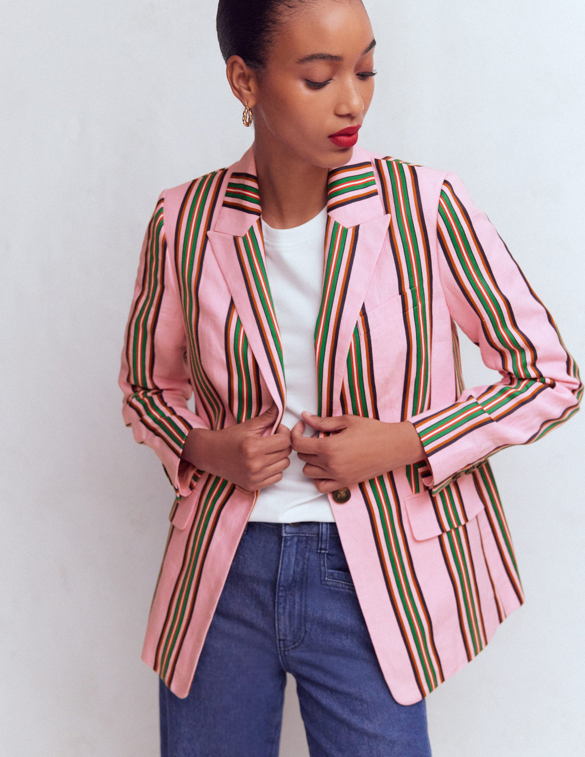 Woodbridge Linen Blazer-Pink, Rich Emerald Stripe - Image 4