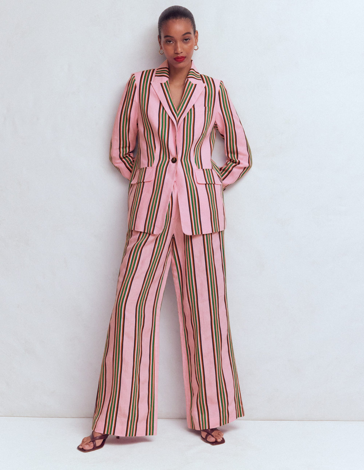 Woodbridge Linen Blazer-Pink, Rich Emerald Stripe - Image 5