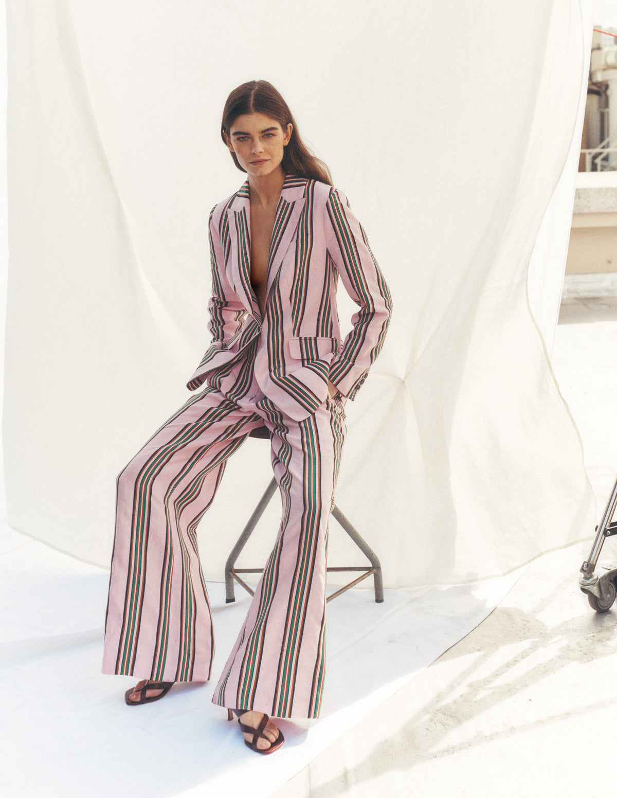 Woodbridge Linen Blazer-Pink, Rich Emerald Stripe - Image 6