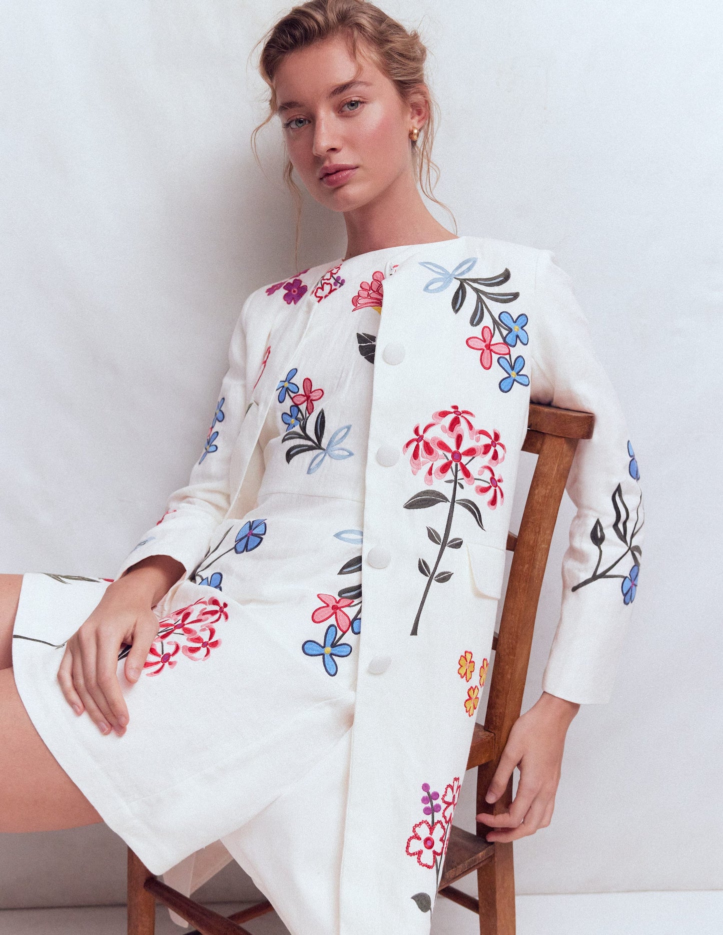 Embroidered Longline Coat-Ivory Embroidered