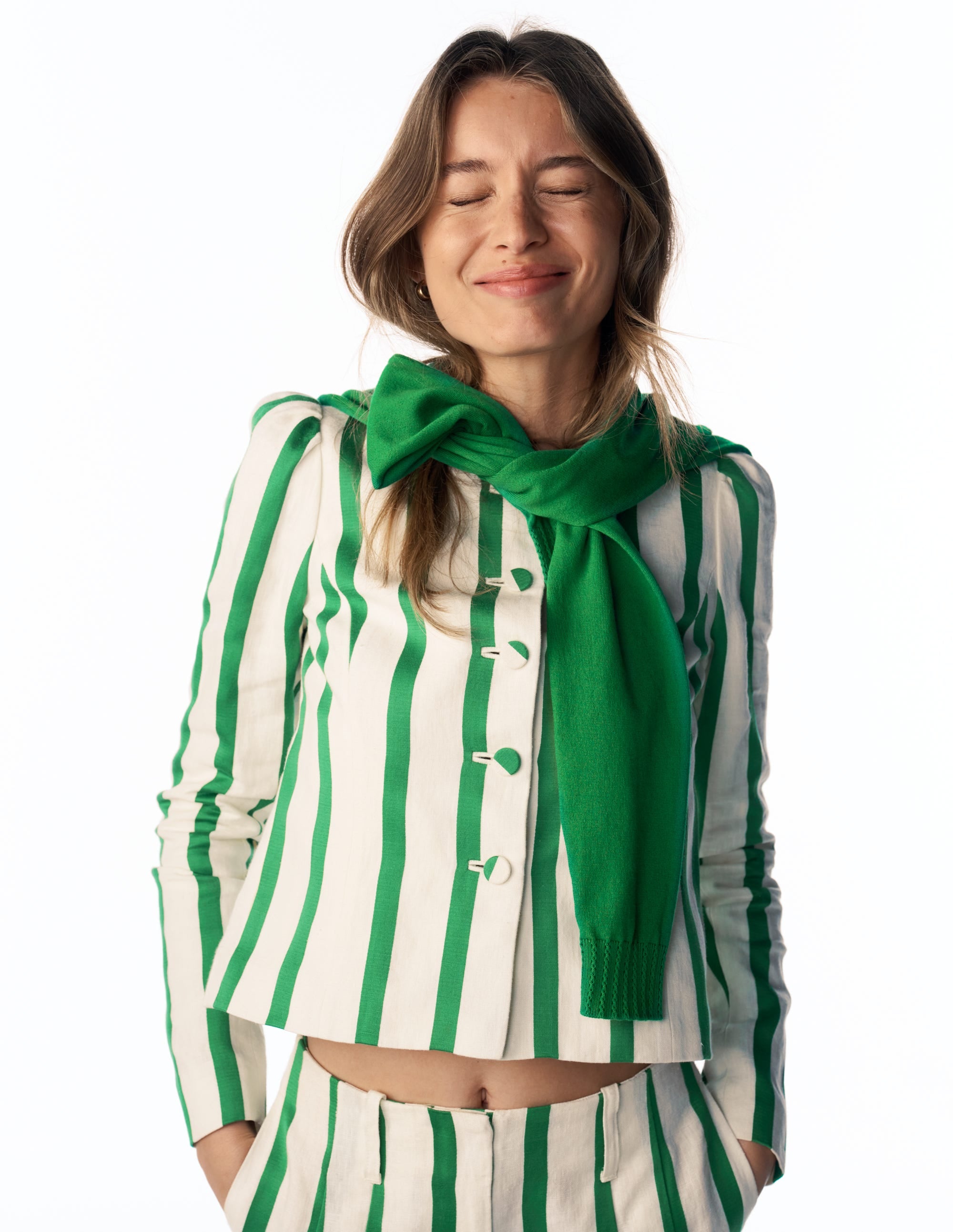 Salisbury Puff Sleeve Jacket-Ivory, Fresh Green Stripe - Image 2