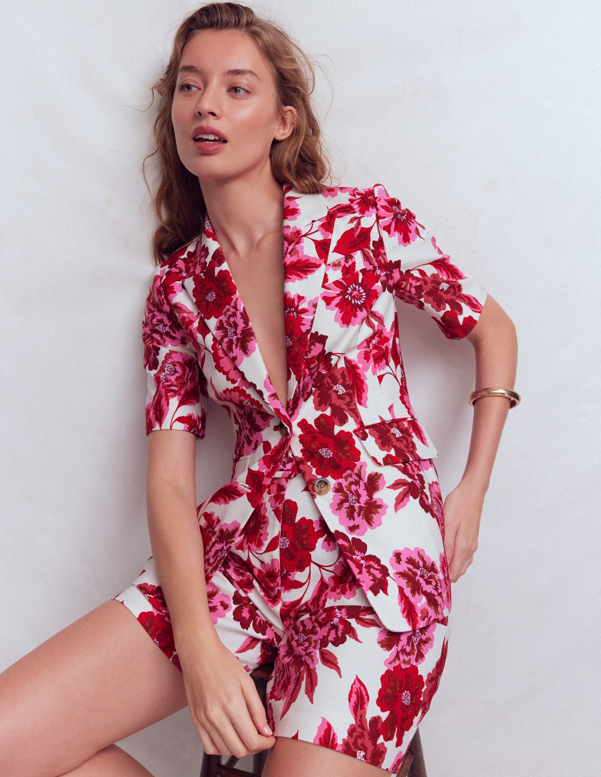 Short Sleeve Cotton Blazer-Sangria Sunset, Floral Print-2