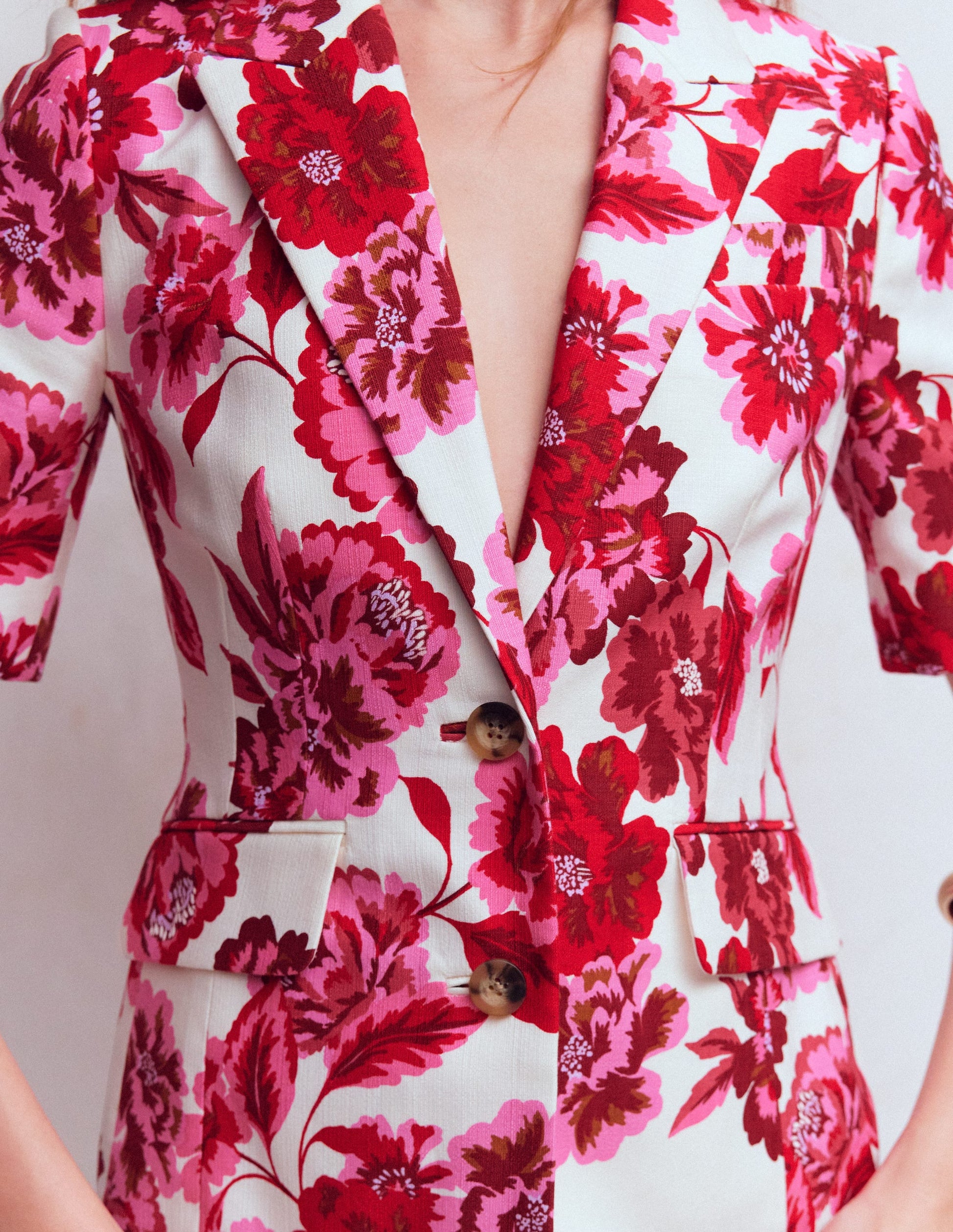 Short Sleeve Cotton Blazer-Sangria Sunset, Floral Print-3