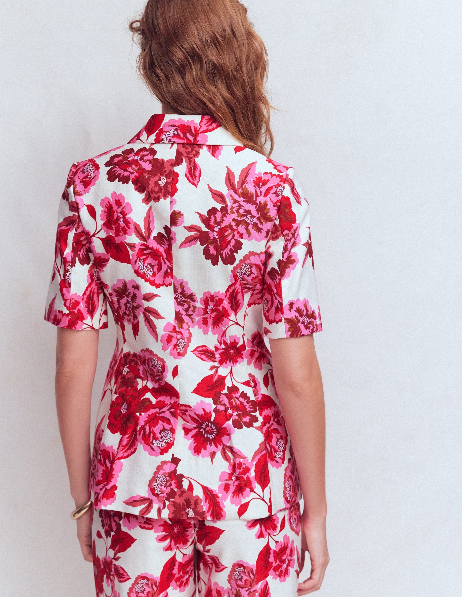Short Sleeve Cotton Blazer-Sangria Sunset, Floral Print-4