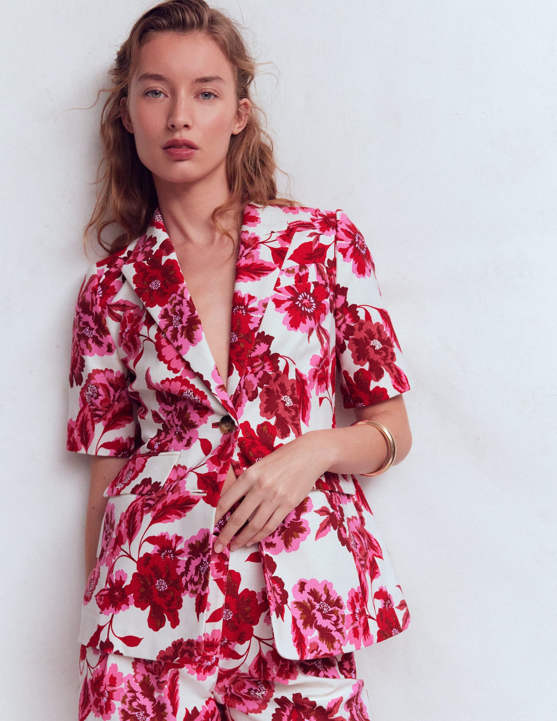 Short Sleeve Cotton Blazer-Sangria Sunset, Floral Print-5