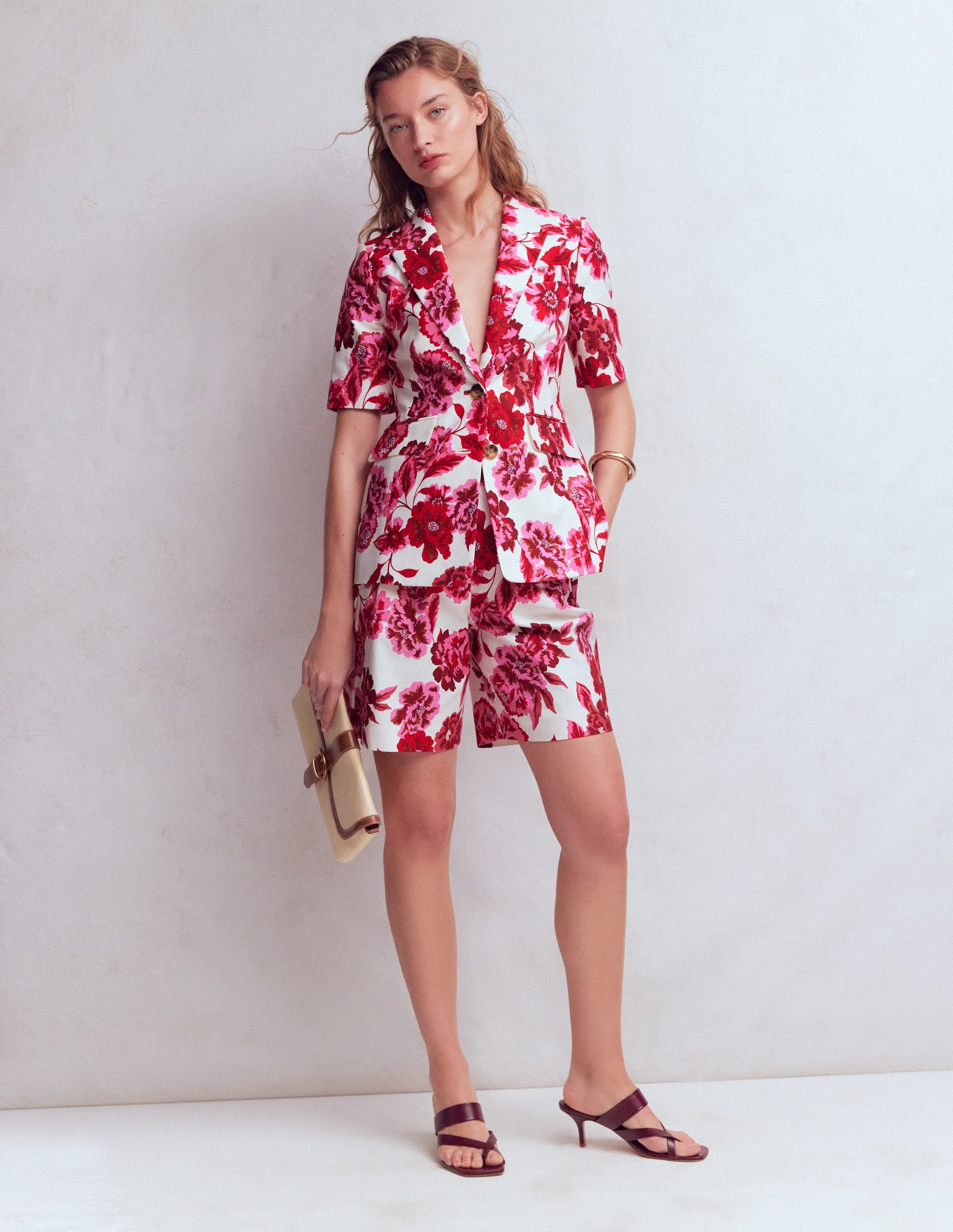 Short Sleeve Cotton Blazer-Sangria Sunset, Floral Print-6