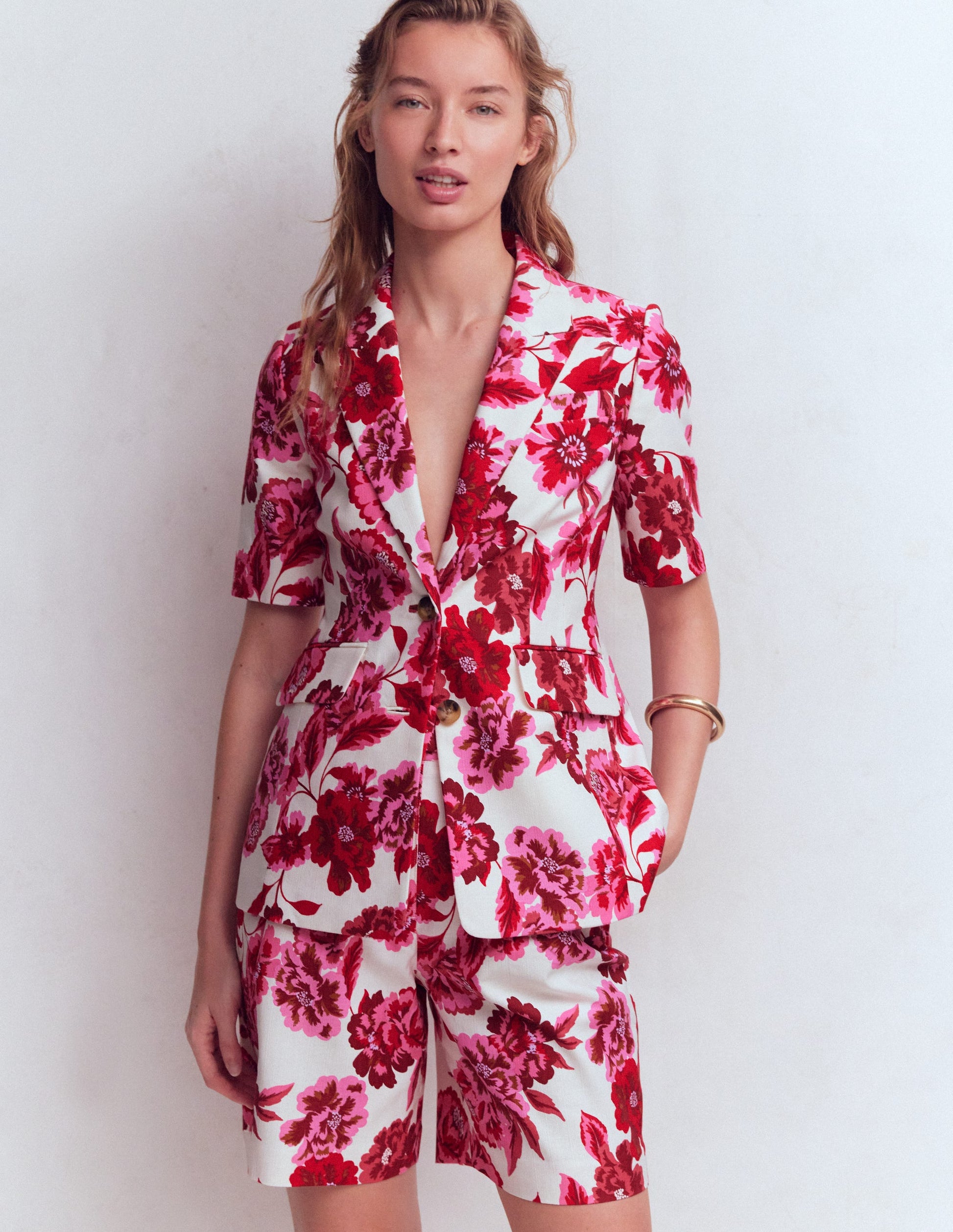 Short Sleeve Cotton Blazer-Sangria Sunset, Floral Print-7