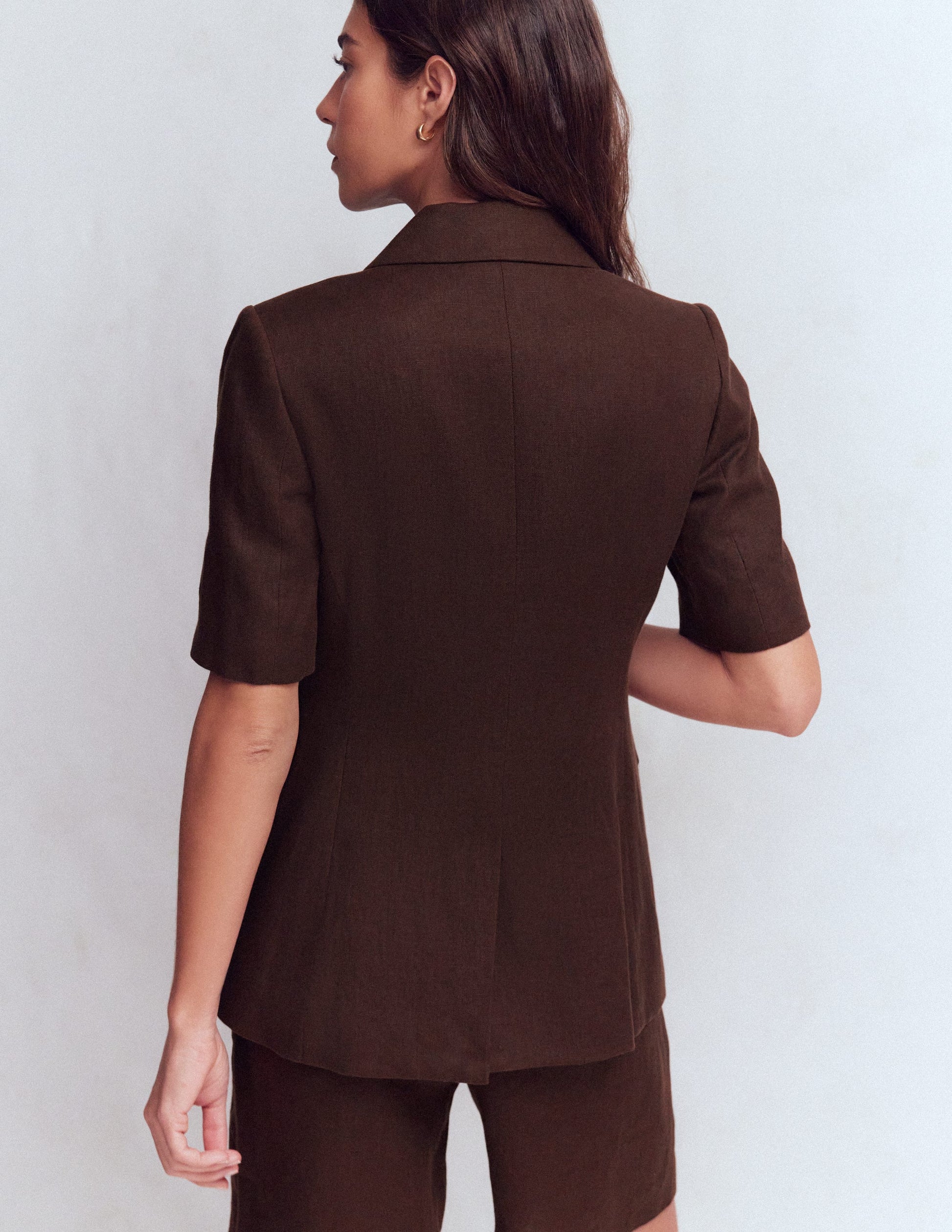 Short Sleeve Linen Blazer-Bitter Chocolate-3
