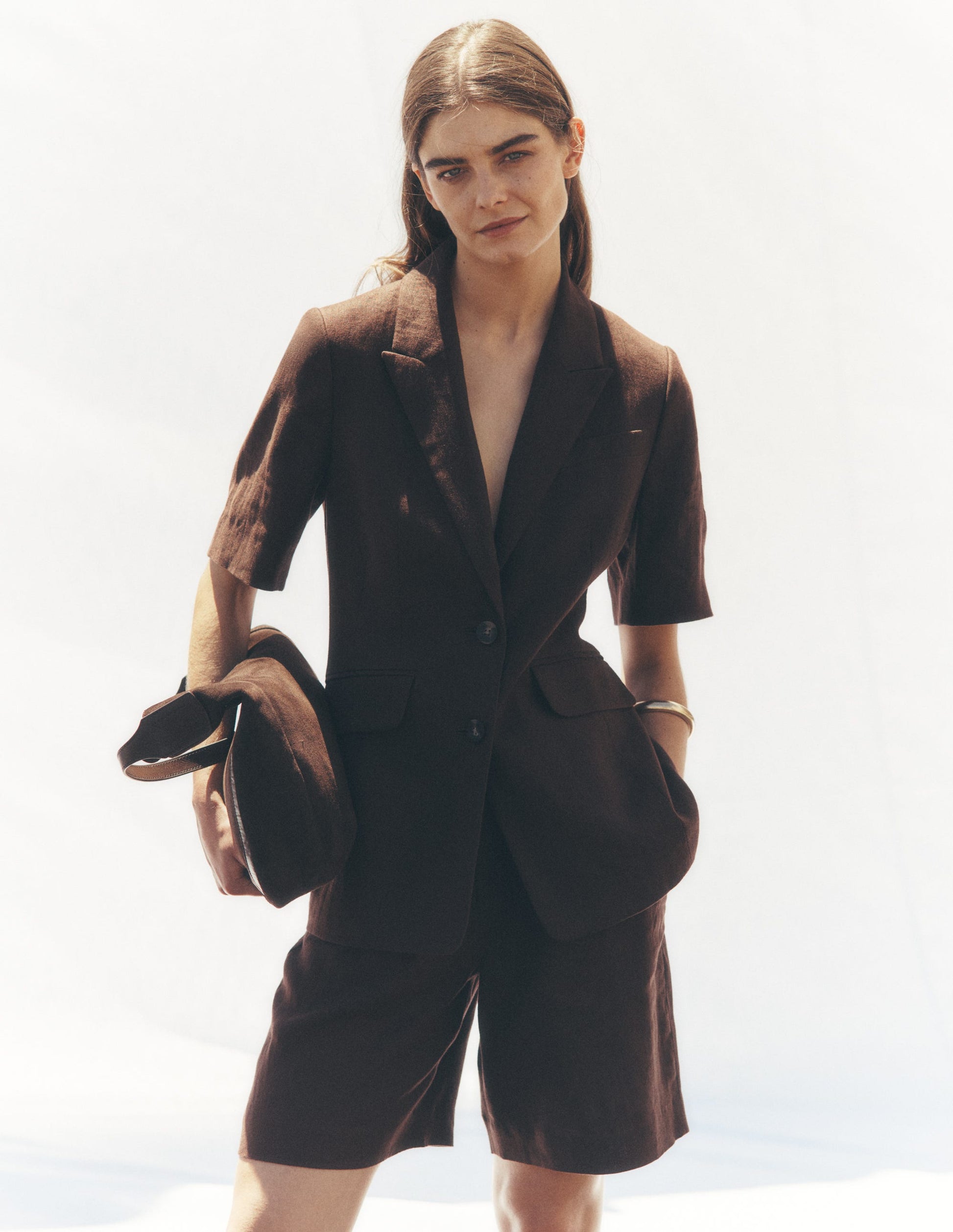 Short Sleeve Linen Blazer-Bitter Chocolate-6