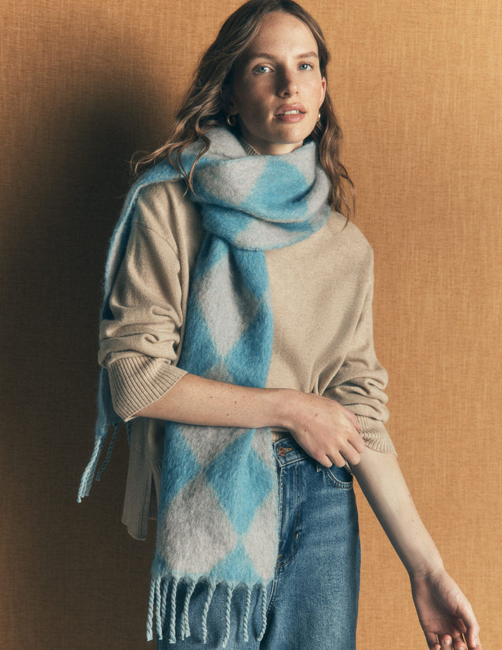 Mohair Woven Scarf-Duck Egg Blue Argyle