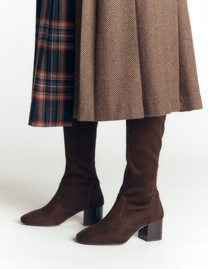 Block Heel Stretch Boots-Chocolate