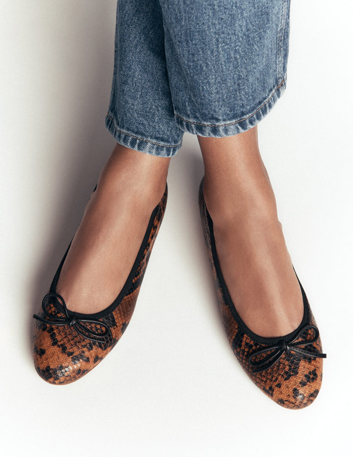 Patti Round Toe Ballet Flats-Tan Snake Print