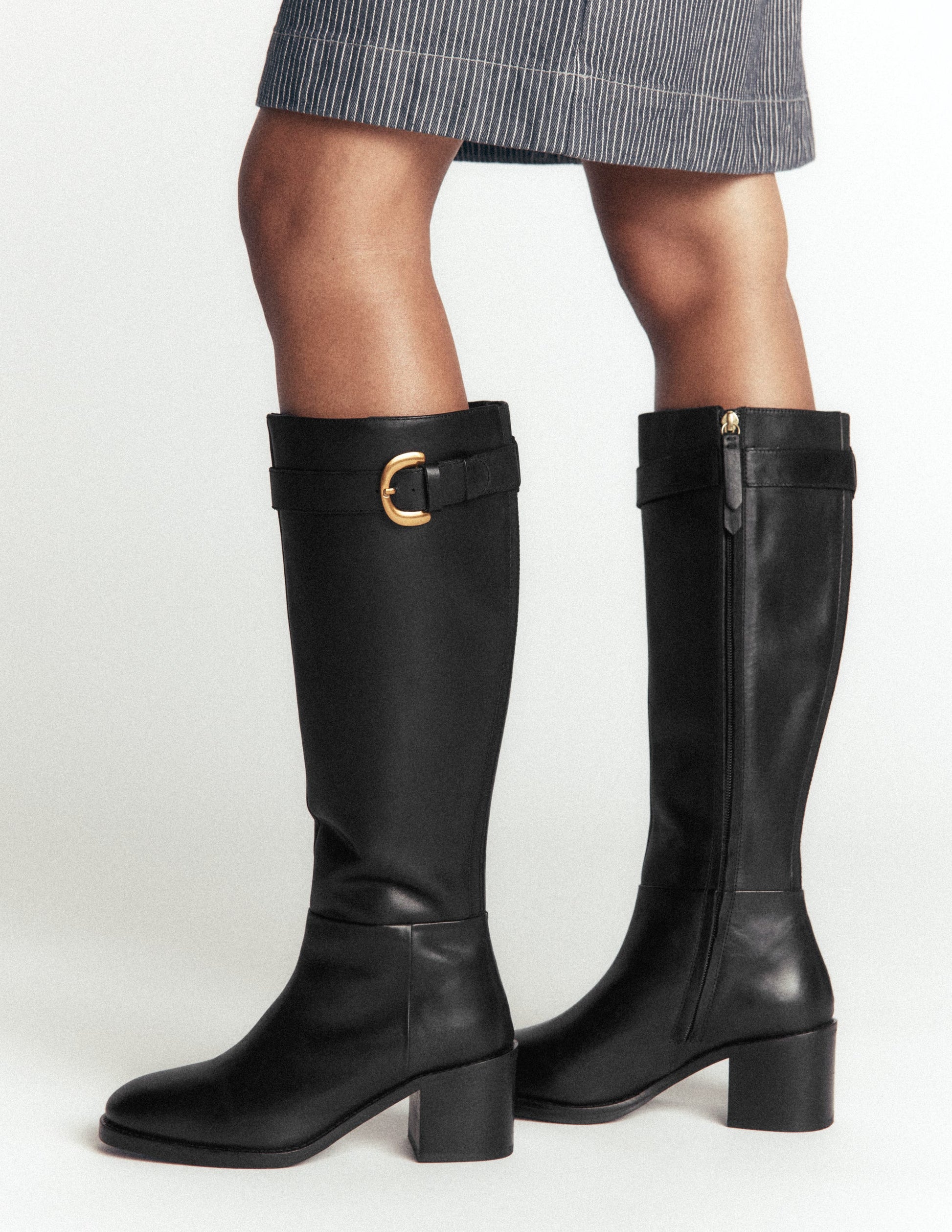 Buckle Detail Knee Boots-Black-2