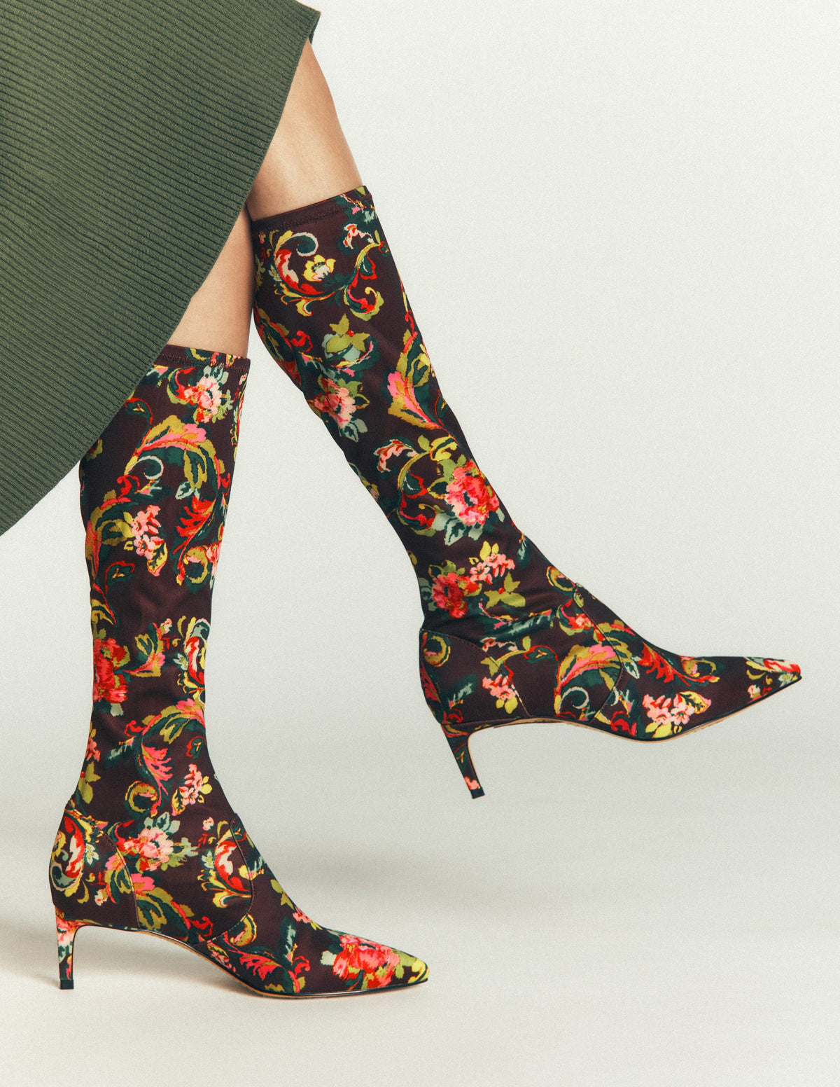 Stretch Kitten Heel Boots-Floral Print - Image 2