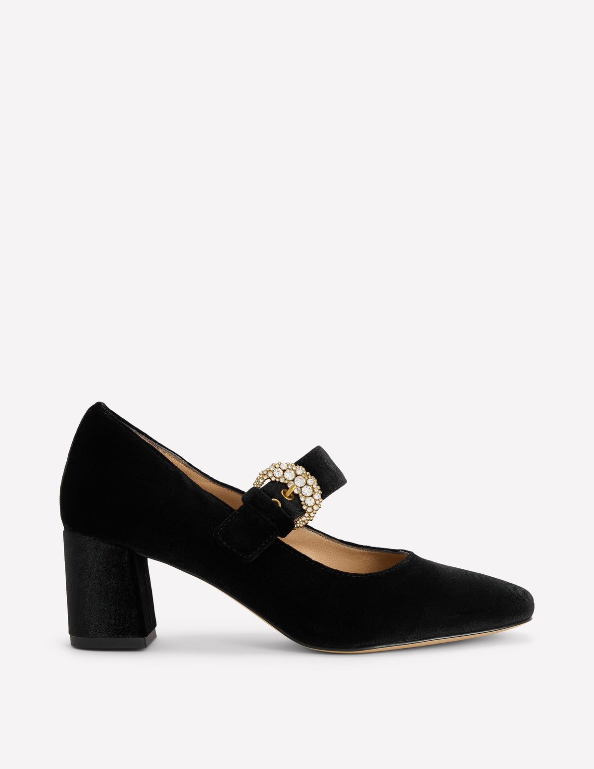 Buckle Strap Block Heels-Black Velvet - Image 1