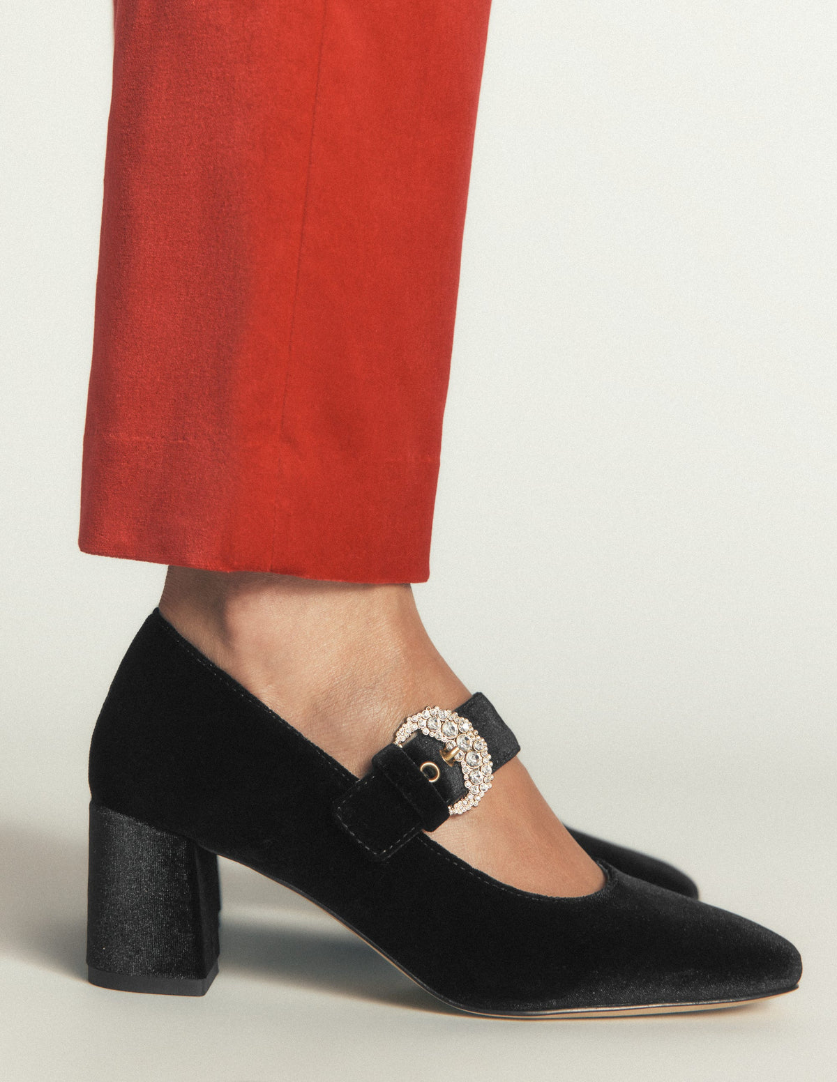 Buckle Strap Block Heels-Black Velvet-2