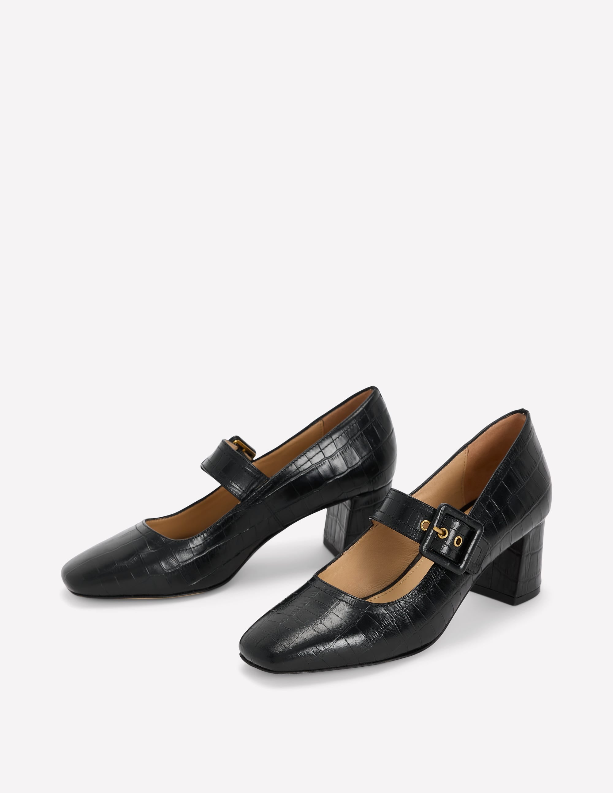 Buckle Strap Block Heels-Black Croc Embossed - Image 3