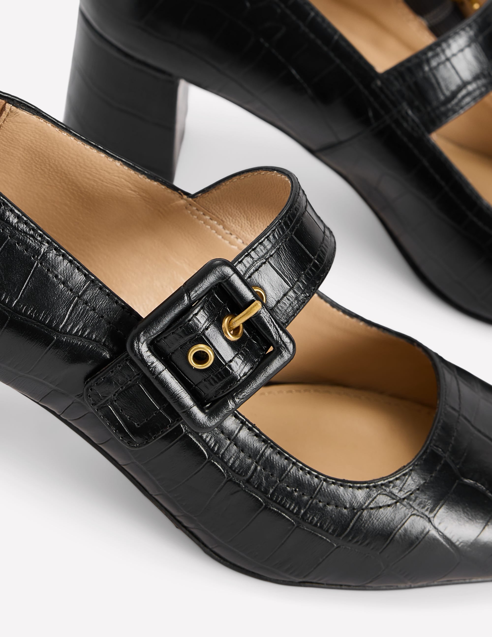 Buckle Strap Block Heels-Black Croc Embossed - Image 4