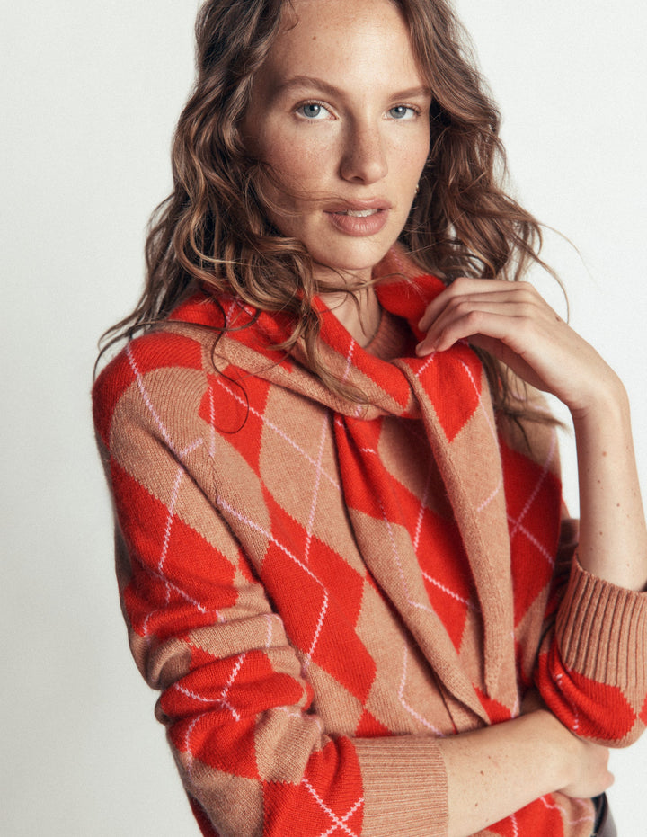 Alpaca Knitted Neckerchief-Camel and Fiesta Argyle