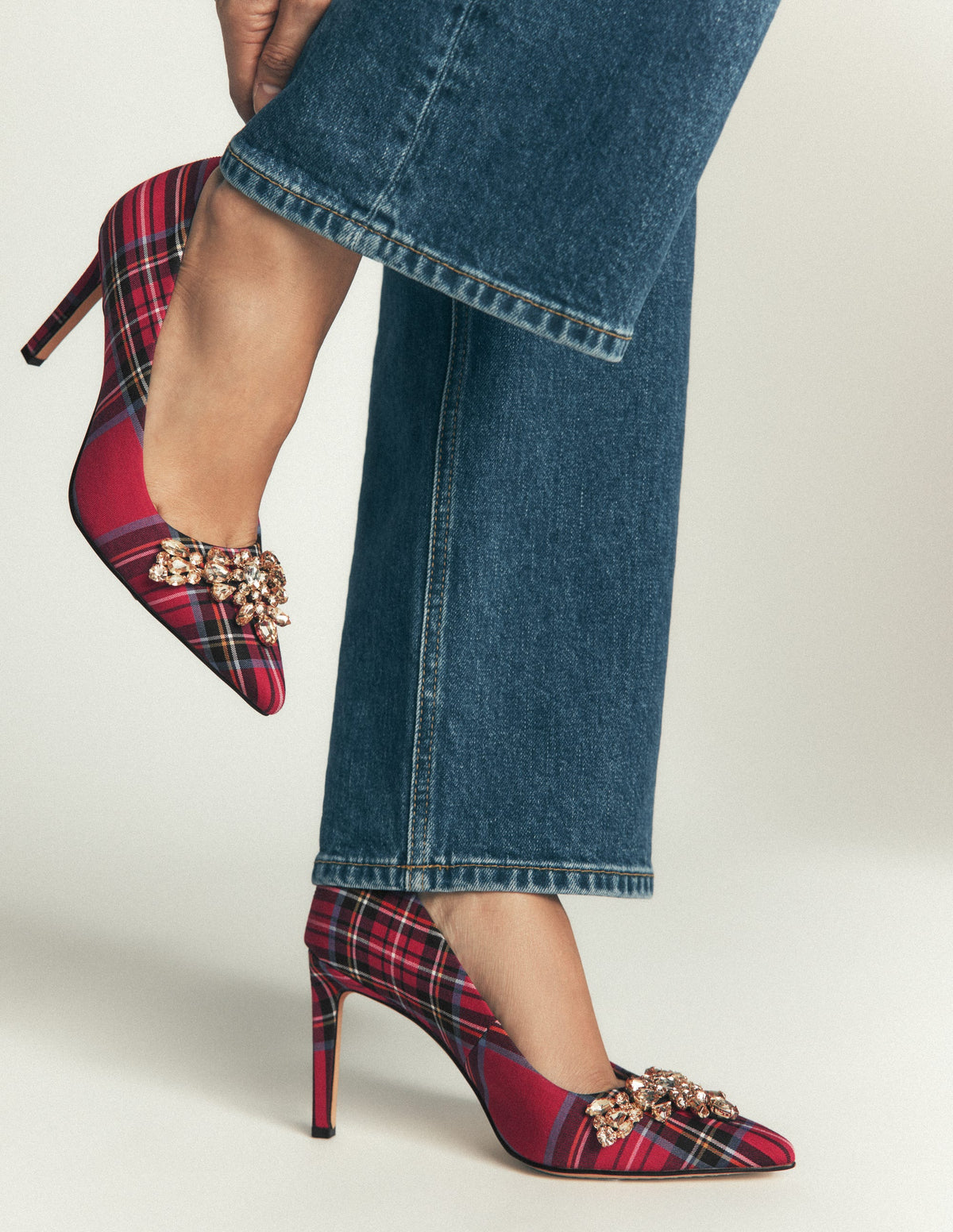 Embellished Court Shoes-Red Tartan-2