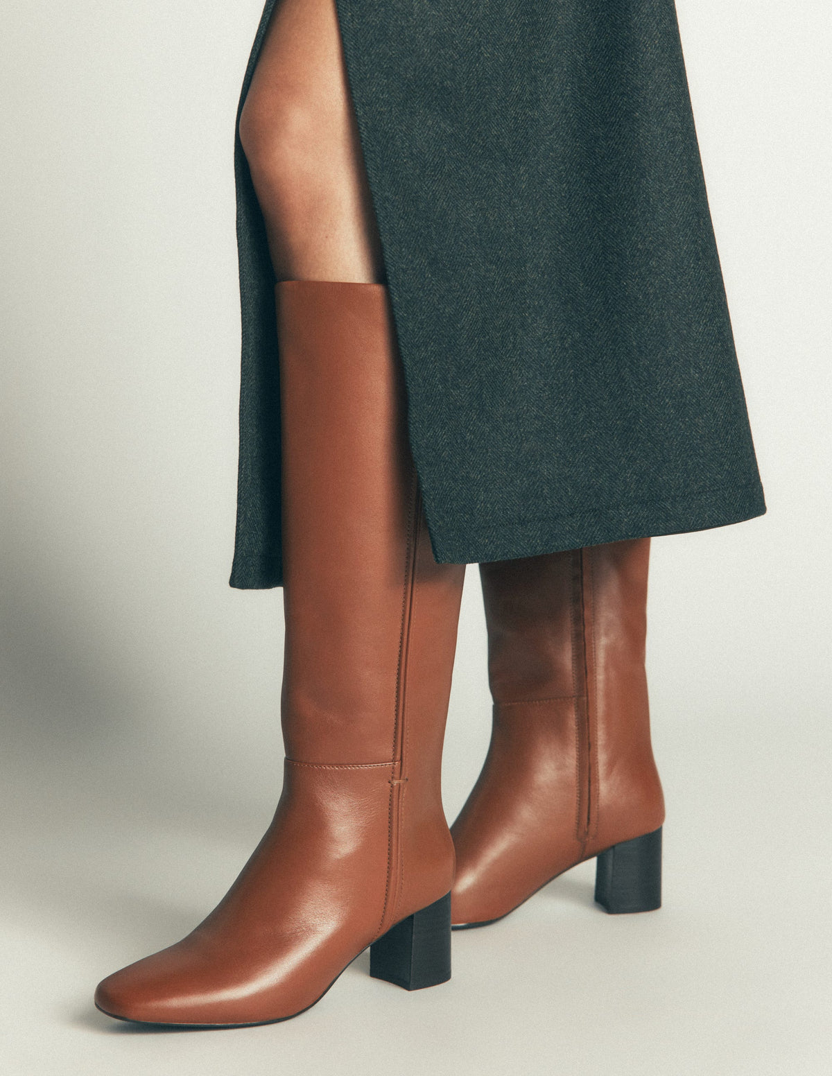 Seam Detail Knee Boots-Tan Leather - Image 2