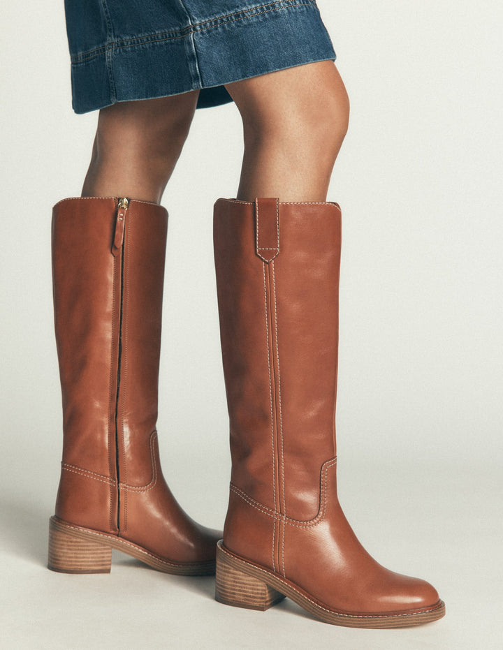 Casual Stitch Knee Boots-Tan Leather