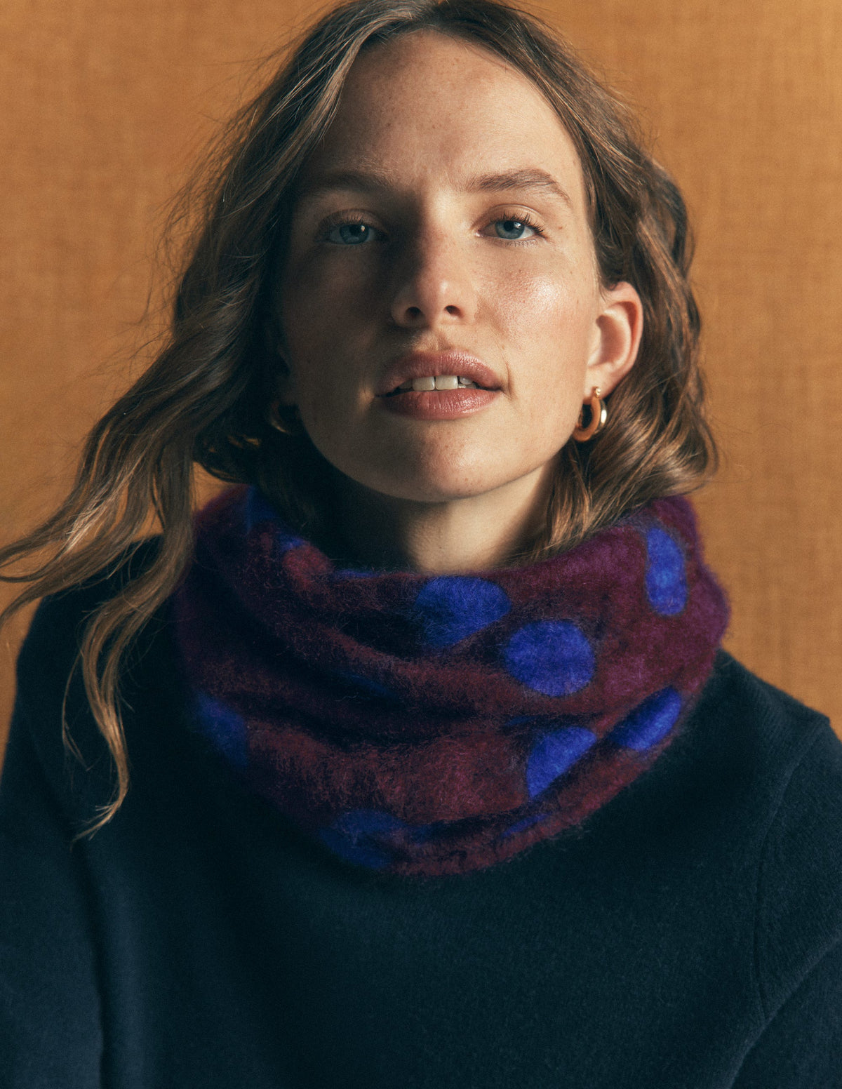 Brushed Cashmere Snood-Dark Cherry, Blue Spot - Image 2