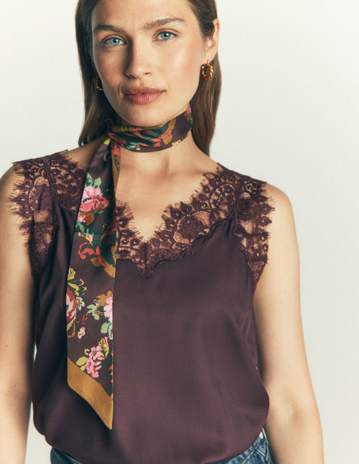 Octavia Skinny Silk Scarf-Green and Brown Paisley-2