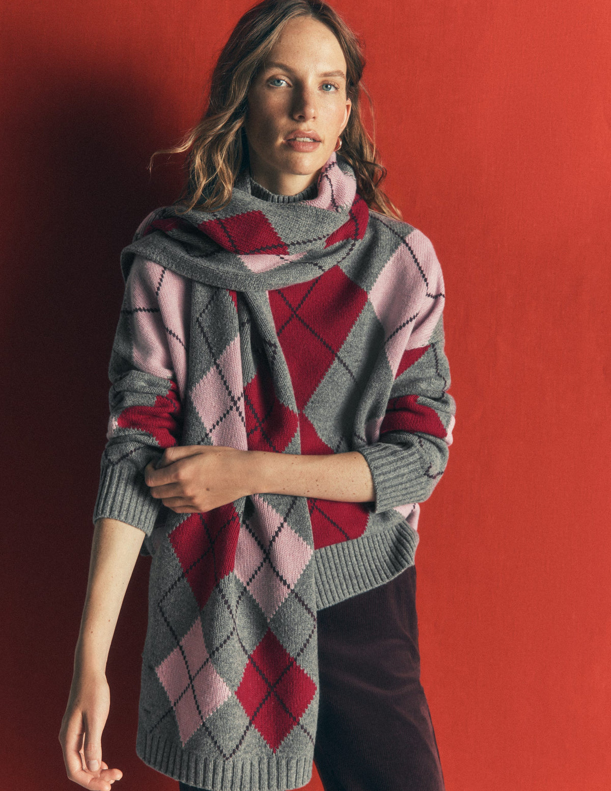 Knit Scarf-Charcoal, Red and Pink Argyle-2