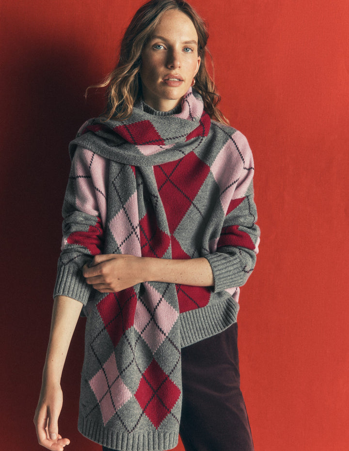 Knit Scarf-Charcoal, Red and Pink Argyle