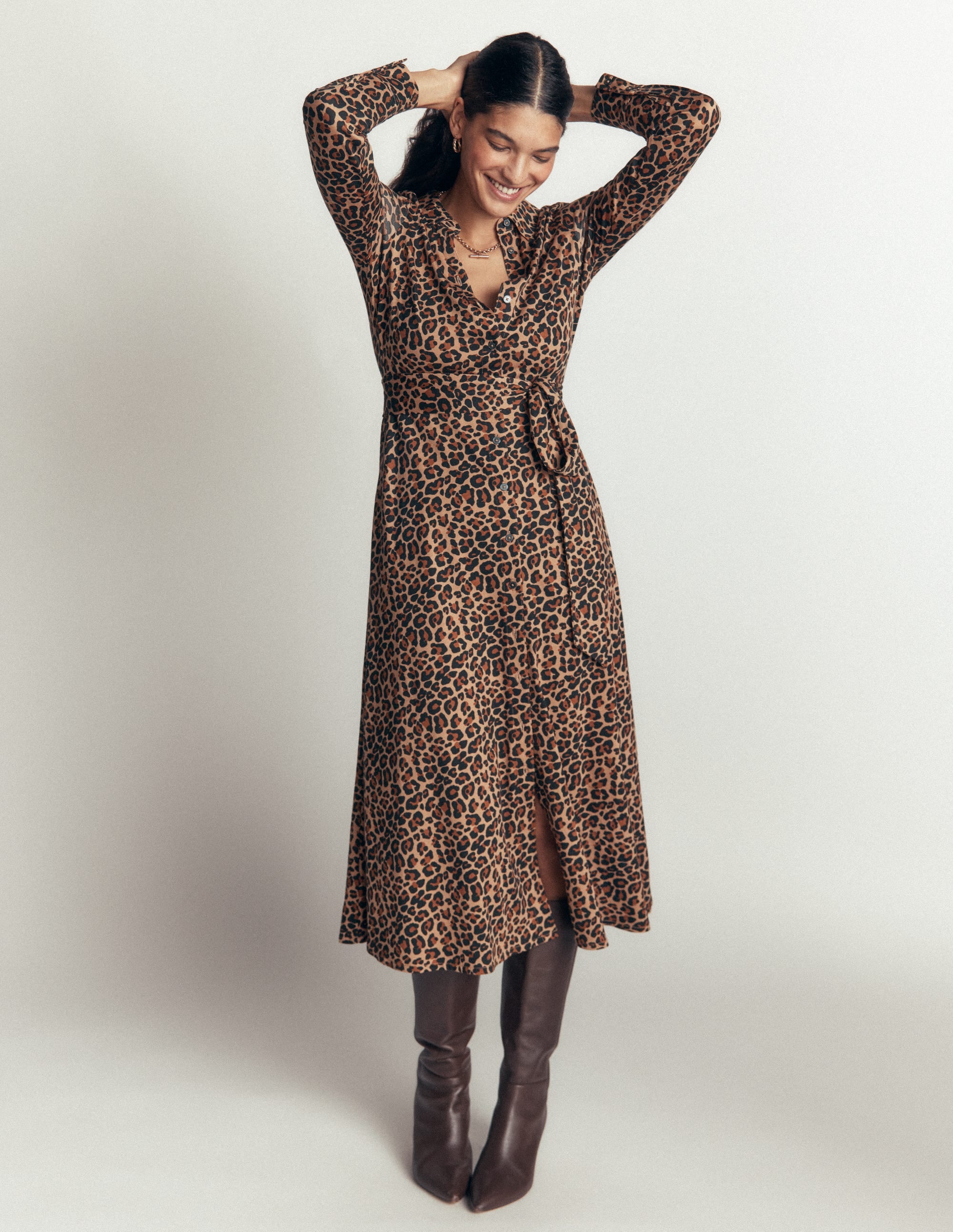 Marcia Jersey Shirt Dress-Camel, Leopard Fields - Image 1