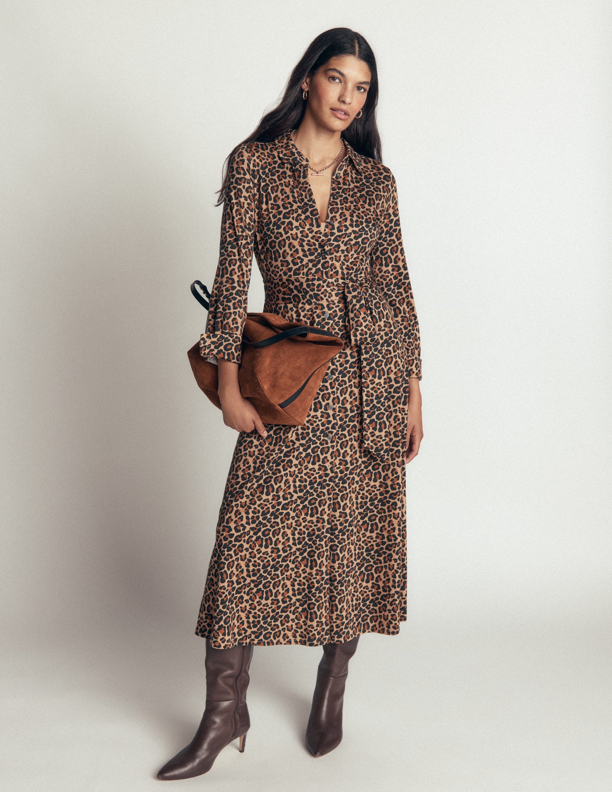 Marcia Jersey Shirt Dress-Camel, Leopard Fields-4