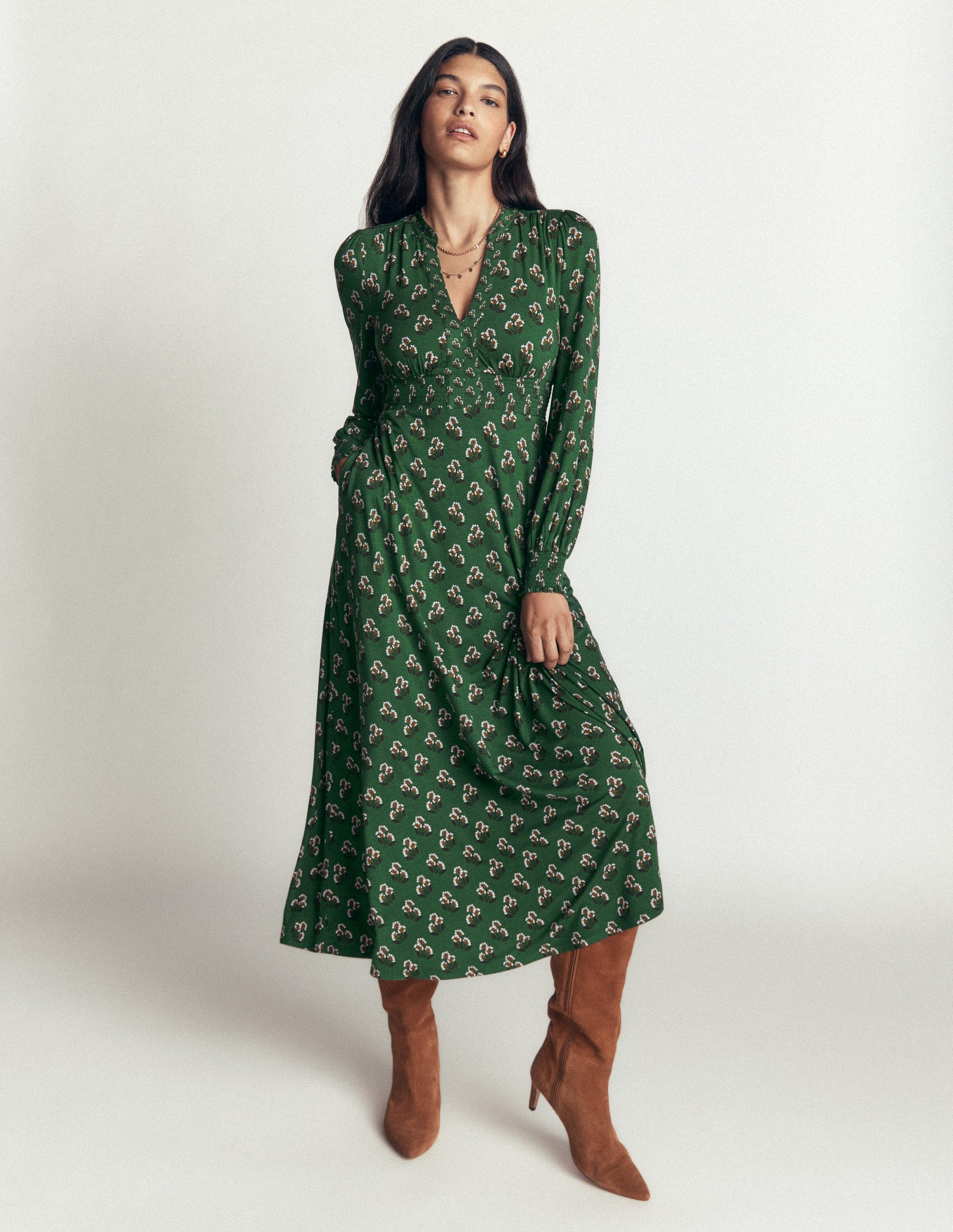 Georgia Jersey Midi Dress-Dark Green, Ditsy Carnation-1