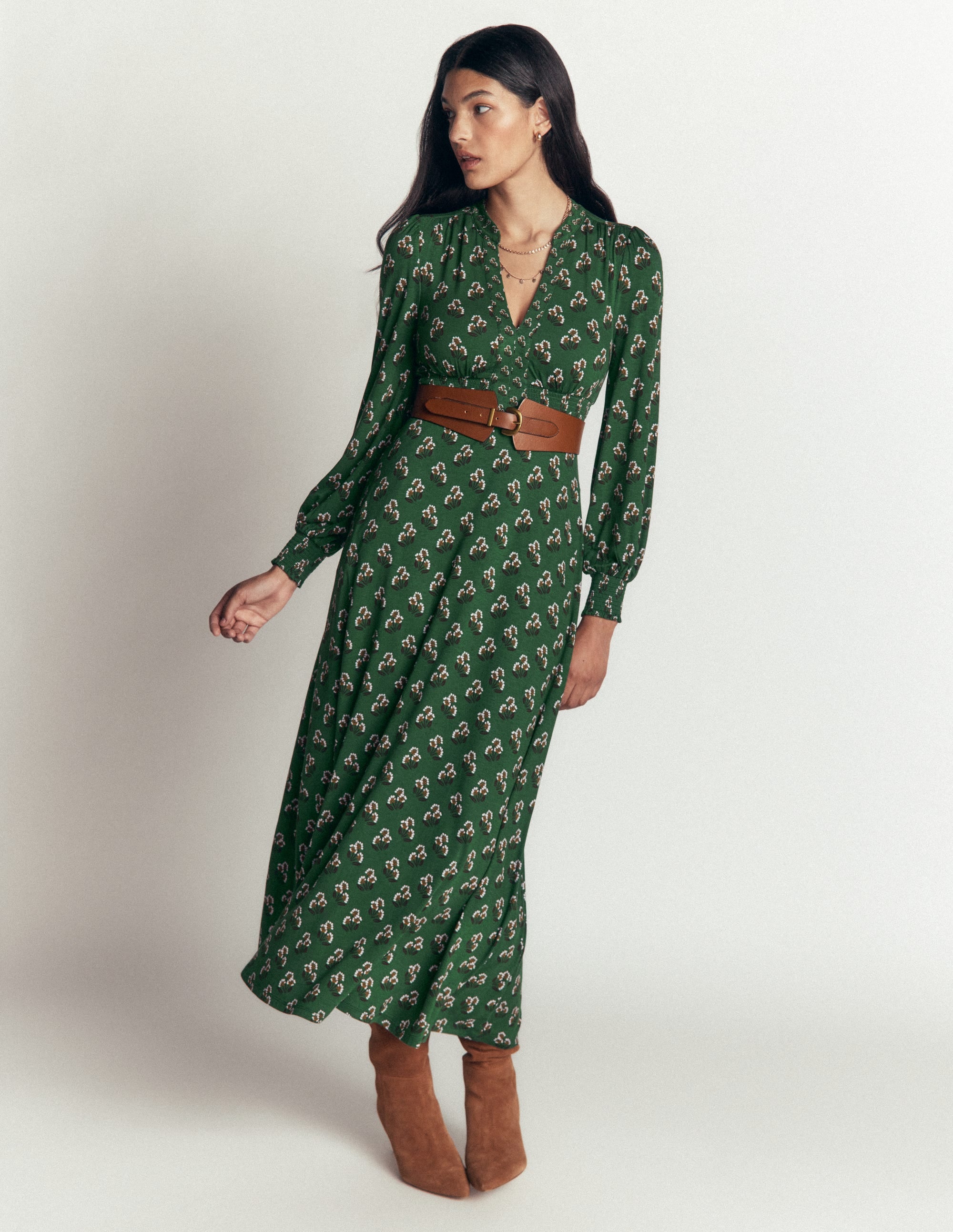 Georgia Jersey Midi Dress-Dark Green, Ditsy Carnation - Image 4