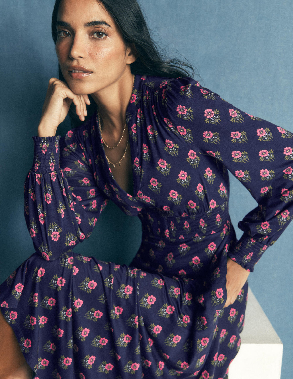 Georgia Jersey Midi Dress-Navy, Flourishing Spring Stamp-3