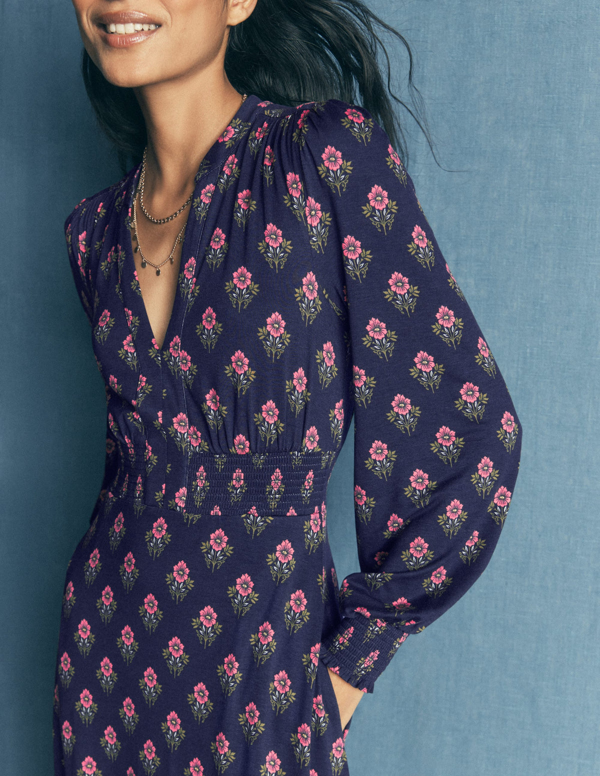 Georgia Jersey Midi Dress-Navy, Flourishing Spring Stamp - Image 3