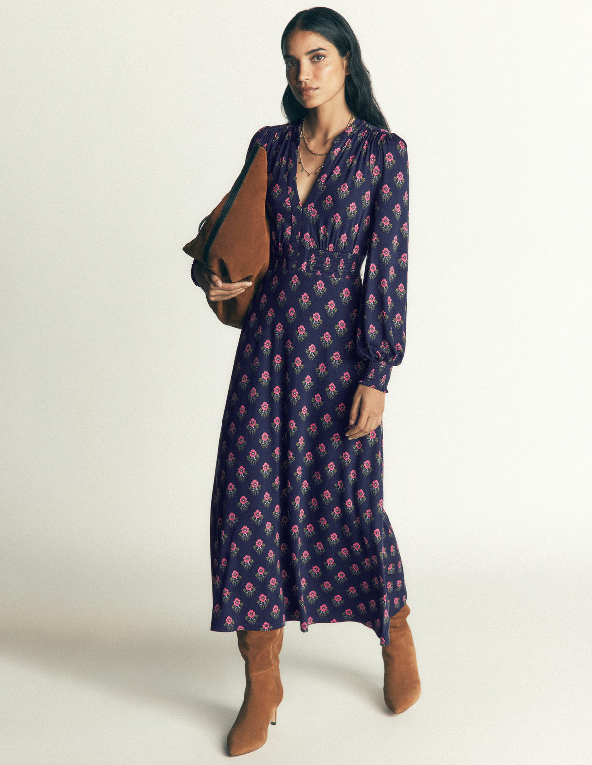 Georgia Jersey Midi Dress-Navy, Flourishing Sprig Stamp-4