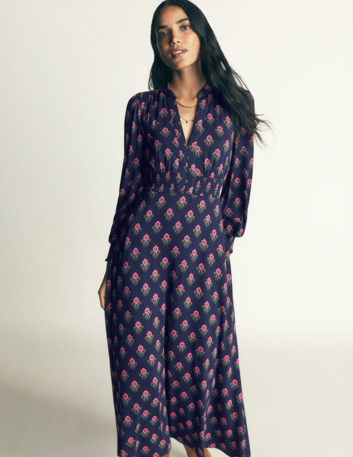 Georgia Jersey Midi Dress-Navy, Flourishing Spring Stamp - Image 5