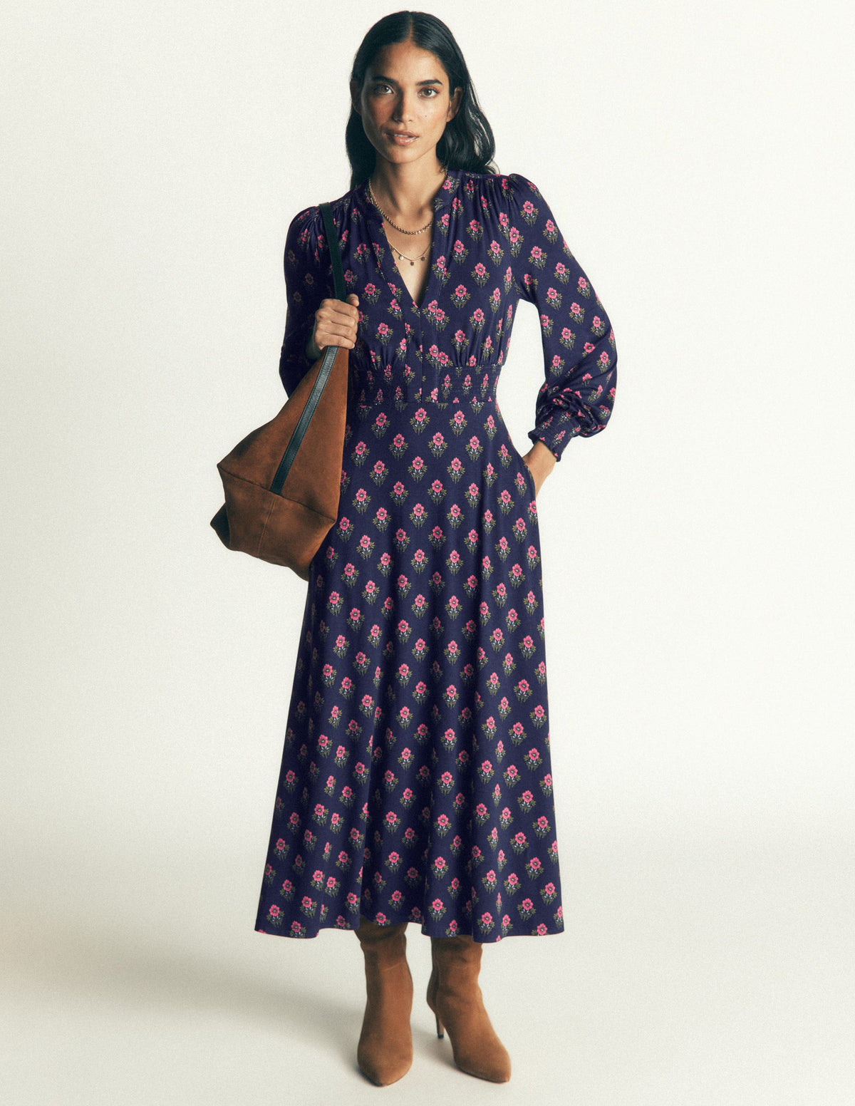 Georgia Jersey Midi Dress-Navy, Flourishing Sprig Stamp-6