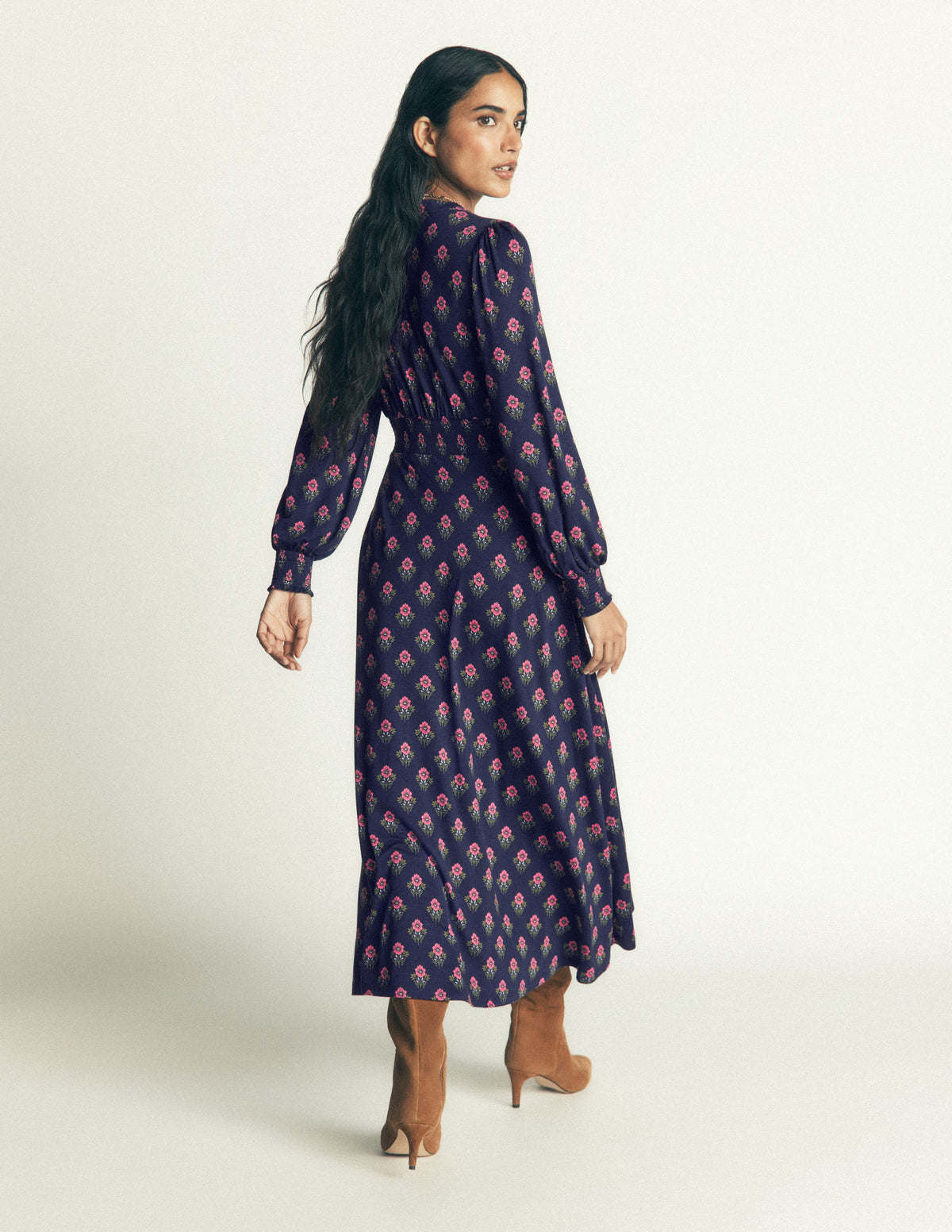 Georgia Jersey Midi Dress-Navy, Flourishing Sprig Stamp - Image 7