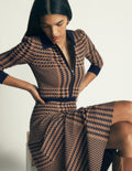 Fiona Zip Front Knitted Dress-Camel and Navy Check