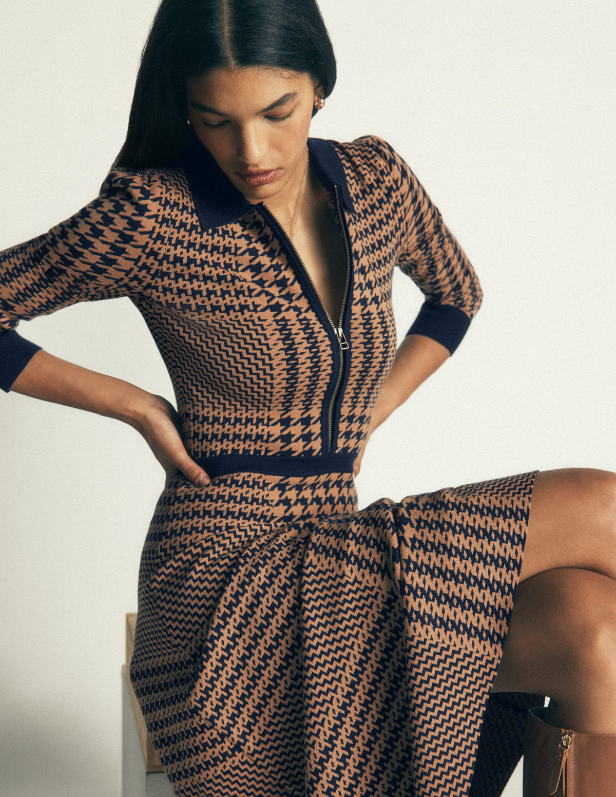 Fiona Zip Front Knitted Dress-Camel and Navy Check-1