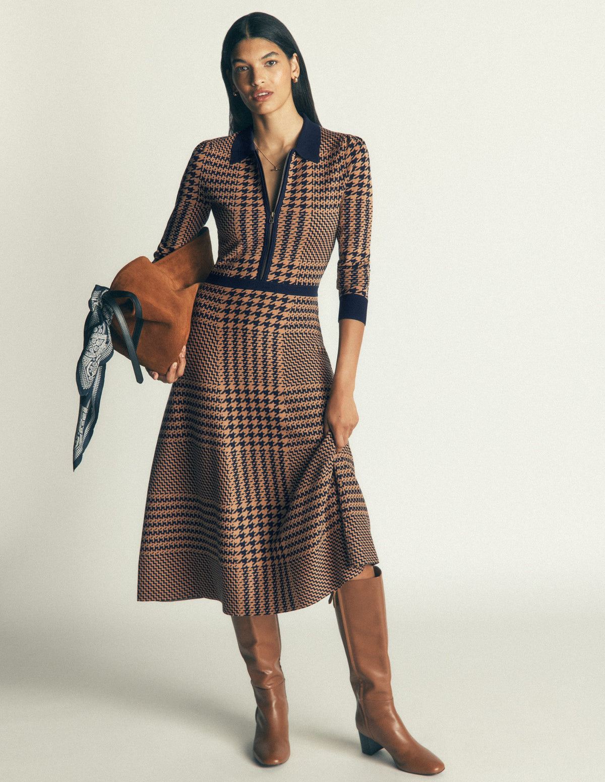 Fiona Zip Front Knitted Dress-Camel and Navy Check-4