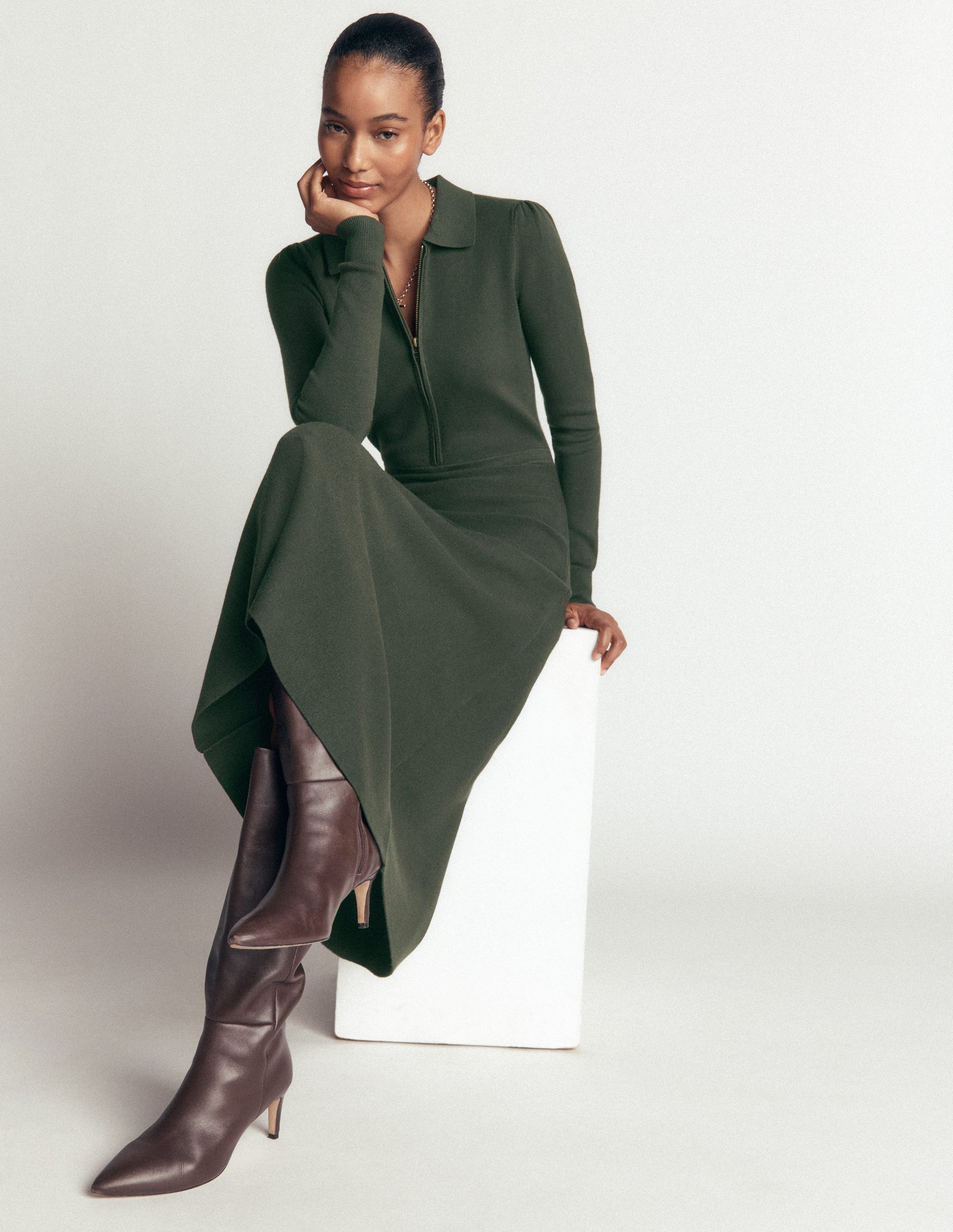 Fiona Zip Front Knitted Dress-Hunter Green-1